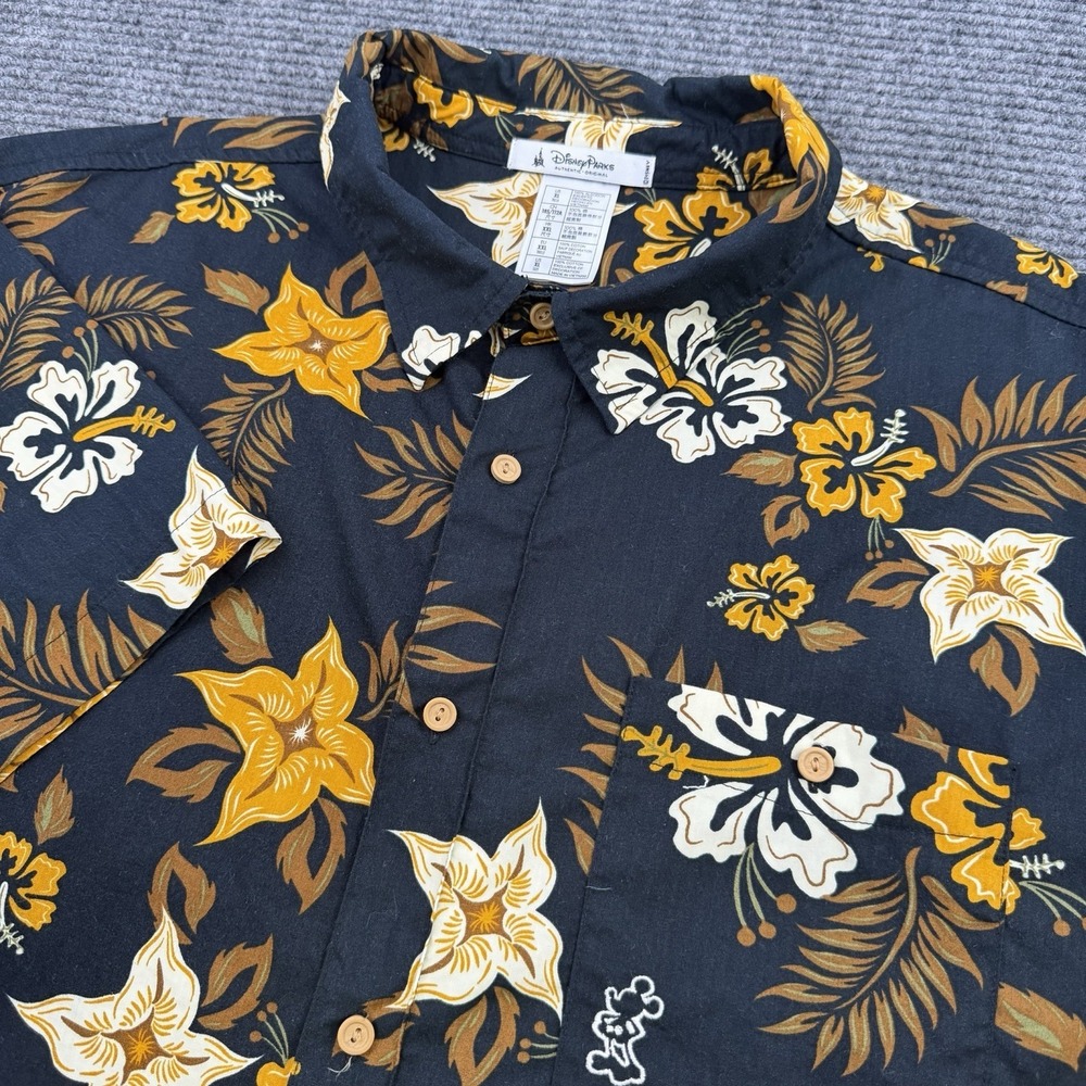 Disney Parks Hibiscus Floral Hawaiian Shirt Men's Sz XL Hidden Mickey Tiki Aloha